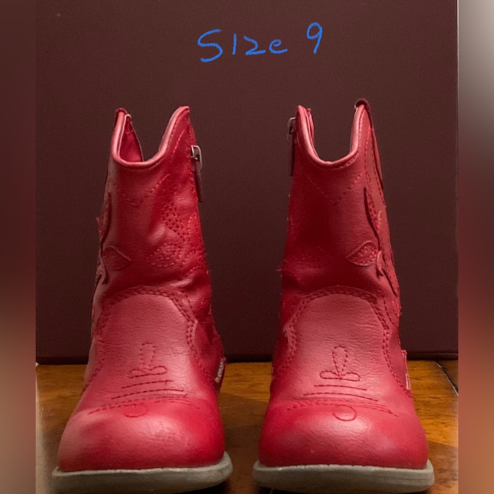 Red cowgirl/boy boots with side zipper. Cute boots that won’t break your bank.